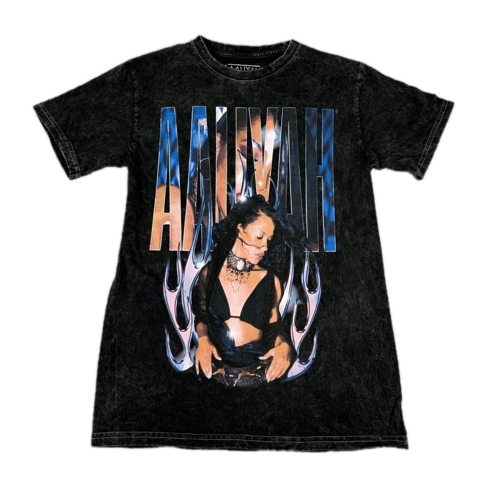 Aaliyah Graphic T-Shirt Small Charcoal Grey Acid Wash Streetwear R&B Music Tee